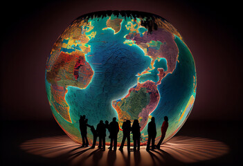 A group of people standing around a large globe with a map of the world. Generate Ai.