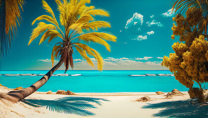 Obraz na płótnie Canvas Coconut Palm tree on amazing perfect white sandy beach in island of Maldives. . Generate Ai.