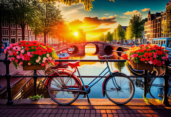 Beautiful summer sunrise on the famous UNESCO world heritage canals of Amsterdam, Generate Ai. - obrazy, fototapety, plakaty