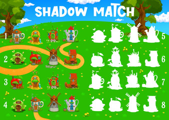 Shadow match of fairytale cartoon buildings. Vector kids worksheet game with fantasy house silhouettes. Apple, strawberry, watering can, cabbage, boot and cup and pineapple on green meadow in forest