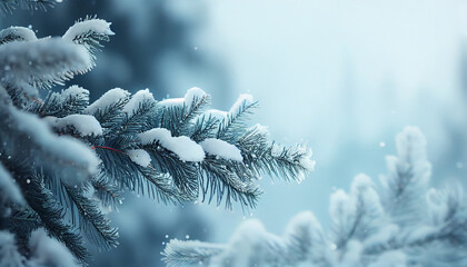 Blue winter christmas nature background frame, wide format. Generate Ai.