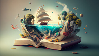 Books imagination, 3d illustration. Generate Ai. - obrazy, fototapety, plakaty