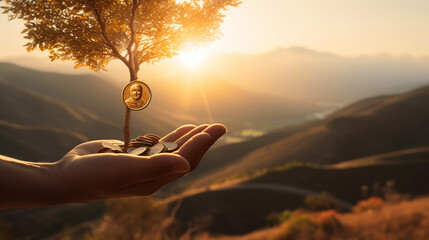 Investment Concept, Plant Growing In Savings Coins Money, Business Development, AI Generative.