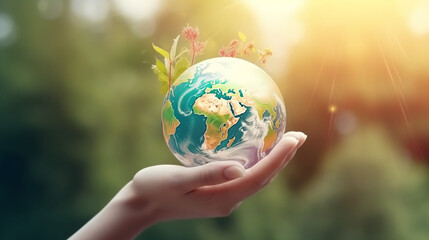 Human hands holding earth sphere crystal  with sunlight, green nature background, concept of conservation environmental. AI Generative.