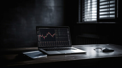Forex Stock Chart and Laptop for trading forein exchange. Generative Ai.