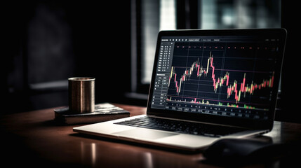 Forex Stock Chart and Laptop for trading forein exchange. Generative Ai.