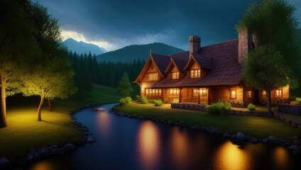 Fototapeta premium Landscape view of the old house with glowing windows at night on the riverbank, river with reflections and forest. Generative AI