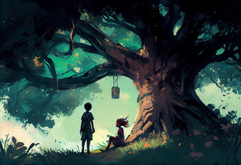 boy and girl playing under big tree. Generate Ai.