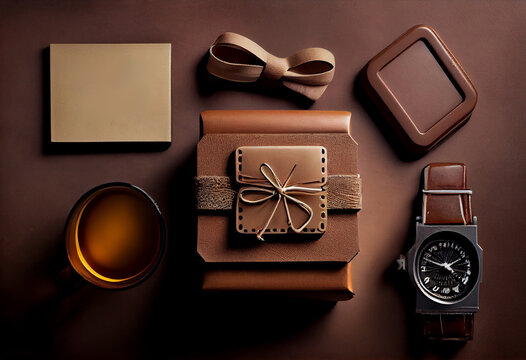 Father's Day Sale poster or banner template with necktie,glasses,hat and gift box. Generate Ai.