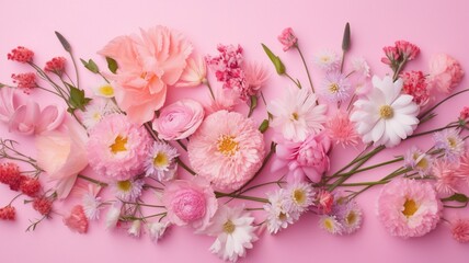 Fototapeta na wymiar Spring flowers on pink pastel background Generative AI
