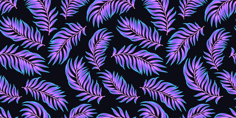 Vector tropical seamless pattern. Tropical neon fluorescent digital paper. Vaporwave aesthetics palm leaves retrowave background. Futuristic fabric seamless backdrop. Exotic cyberpunk tropic wallpaper