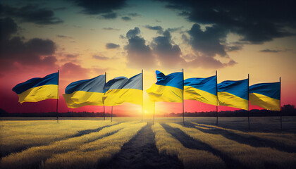 Field of Ukrainian flags at Sunset. Generate Ai.