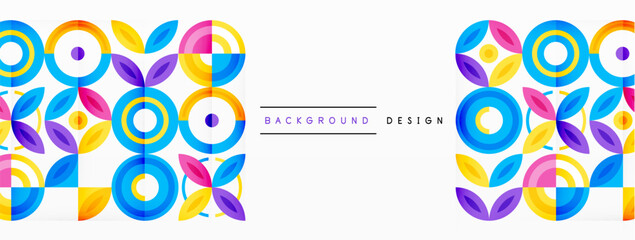 Abstract background - minimalist circles and round elements composition with varying sizes circles and other geometric shapes. The elements are arranged symmetrically in a grid-like pattern