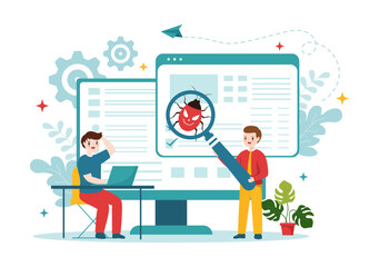 Bug Tracking Vector Illustration with Mobile Phone Protection from Computer Virus on Big Screen in Website Security Flat Cartoon Hand Drawn Templates