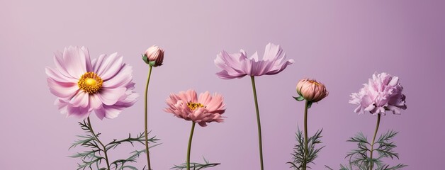 Wild spring and summer flowers on a pastel purple background. Generative AI