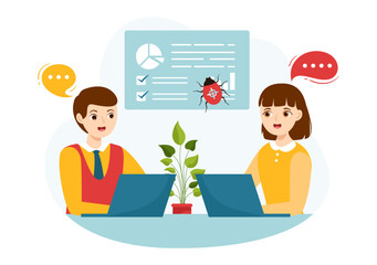 Bug Tracking Vector Illustration with Mobile Phone Protection from Computer Virus on Big Screen in Website Security Flat Cartoon Hand Drawn Templates