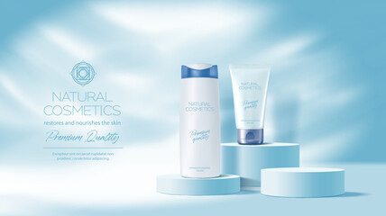 Blue cosmetics podium mockup. Vector promo background with beauty care production bottles on round pedestals. Promotional advertising banner with cream tube and shampoo packaging realistic mock up - obrazy, fototapety, plakaty