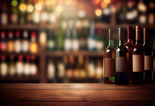 Wine wooden table background. Blurred wine shop with bottles. Generate Ai.