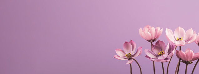 Fototapeta na wymiar Wild spring and summer flowers on a pastel purple background. Generative AI
