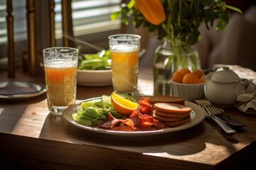 An image capturing the first rays of sunlight illuminating a delectable breakfast of sunny-side-up eggs, crispy bacon, grilled vegetables, and a glass of freshly squeezed orange juice. generative ai