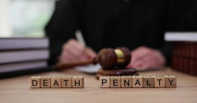 Word death penalty on dice and judges in courtroom. Death penalty in world practice