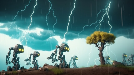 A small robot stands and looks at the tree in the sky with colorful lightning storms. AI Generative.