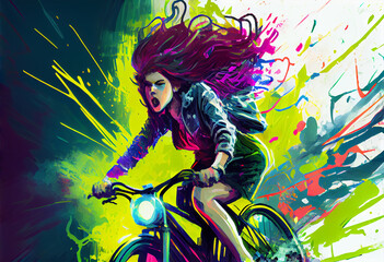 Fototapeta na wymiar Young woman riding a bicycle. Generate Ai.