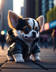 Cute Dog Wearing Hoodie In The City, Illustration, AI-Generating-Image