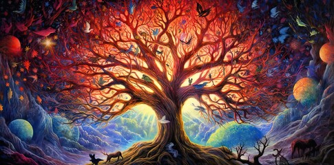 Colorful tree of Life. Symbol of the life cycle and the link between humanity and nature. Generative AI