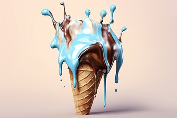 Melting ice cream cone. Refreshing pleasure concept for summer and heat. Generative AI - obrazy, fototapety, plakaty