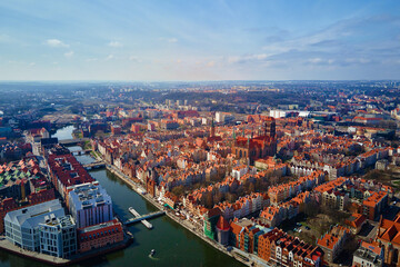 Obraz premium Aerial view of Gdansk city in Poland. Historical center in old town in european city. Panoramic view of modern european city