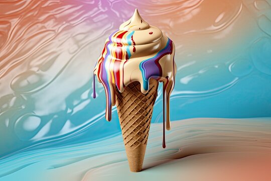 Melting ice cream cone. Refreshing pleasure concept for summer and heat. Generative AI