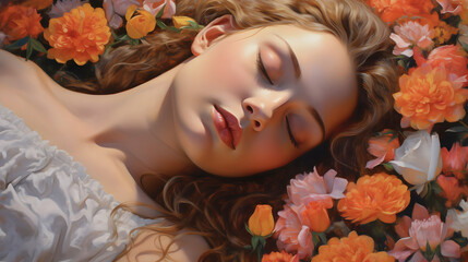 hyperrealistic portrayal of a serene girl's face resting upon a bed of vibrant flowers, each intricate detail captured in exquisite beauty and delicate tranquility. generative AI