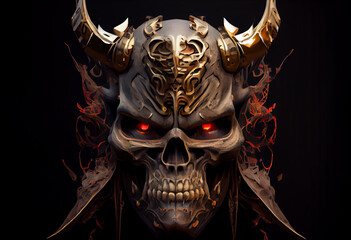 Skull devil cyborg samurai face, 3D rendering. Generate Ai.