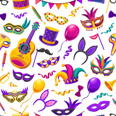 Brazil carnival seamless pattern. Fabric or textile vector print, wrapping paper backdrop with festival or carnival mask, jester hat, confetti and garland, guitar, drum and trumpet musical instrument