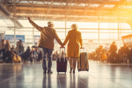Image of happy old couple at airport terminal