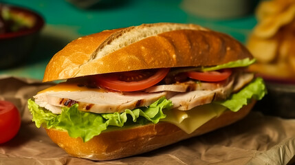 Sandwich with vegetables and meat, generative AI.