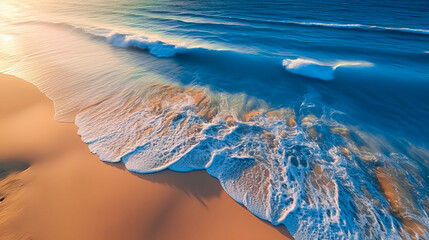 The tide of seawater with foam on the sandy beach. Generative Ai - obrazy, fototapety, plakaty