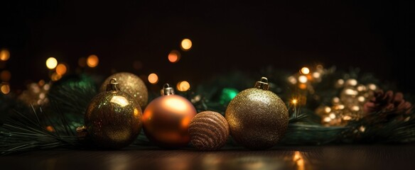 Fototapeta premium Bokeh background with Christmas tree, lights and baubles. Generative ai