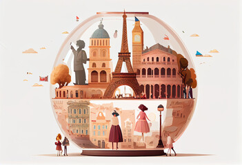 Naklejka premium World tourism and global travel with symbolic heritage places tiny person concept. Generate Ai.