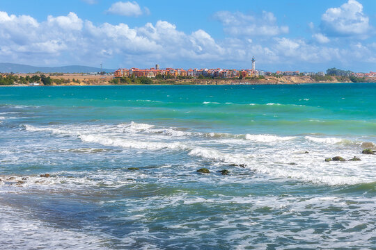Aheloy, Bulgaria coastline, turquoise sea waves beach panorama background and Ravda town on the Black Sea