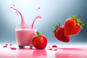 strawberry in glass, strawberry and milk