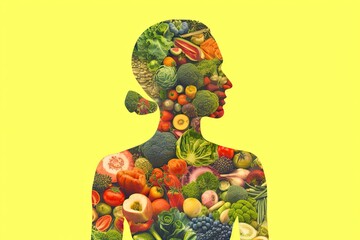 A person with undefined anatomy, with the body divided into parts filled with fruits and vegetables, in a style of bio-art. Generative AI