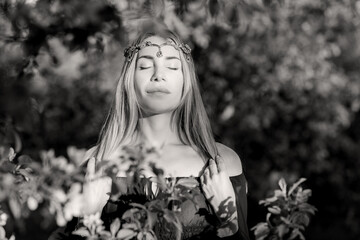 Old European magic, Mystical scene, Slavic woman at nature. Magic divination, undina. Illustrative photo for legends, creatures and fairytale. Mystical scene with nymph