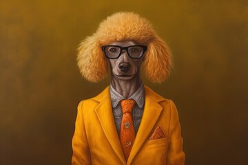Beautiful portrait of an adorable poodle in a business suit in yellow and orange tones. Generative AI
