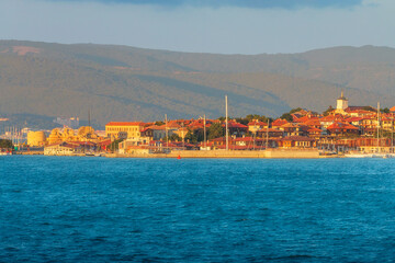Sunset panorama of an Old City of Nessebar, Bulgaria from the sea