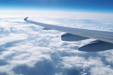 Obraz premium A plane is flying above the clouds and the wing is visible Generative Ai