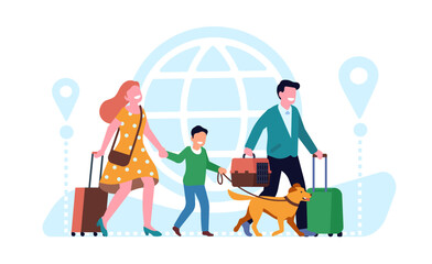 Family travel. Parents and son go on vacation with pets. Mother and father carry baggage. World journey. Cat and dog. International tourism. Location pins. Traveler group. Vector concept