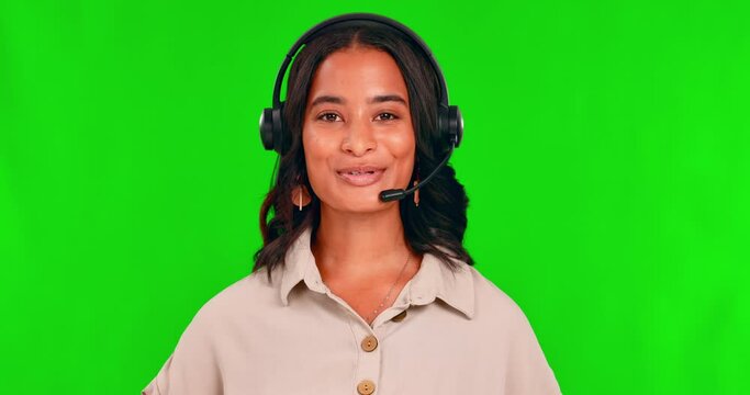 Customer service, call center and a woman with a headset on a green screen. Face portrait of african person as a agent or consultant talking and laughing for crm, sales support and telemarketing