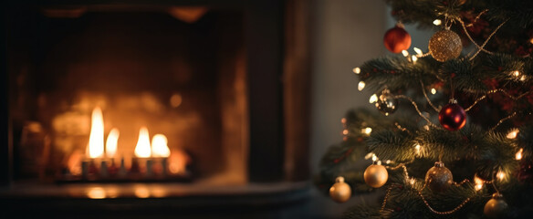 Fototapeta na wymiar A Christmas tree, next to a fireplace in the background . Generative ai